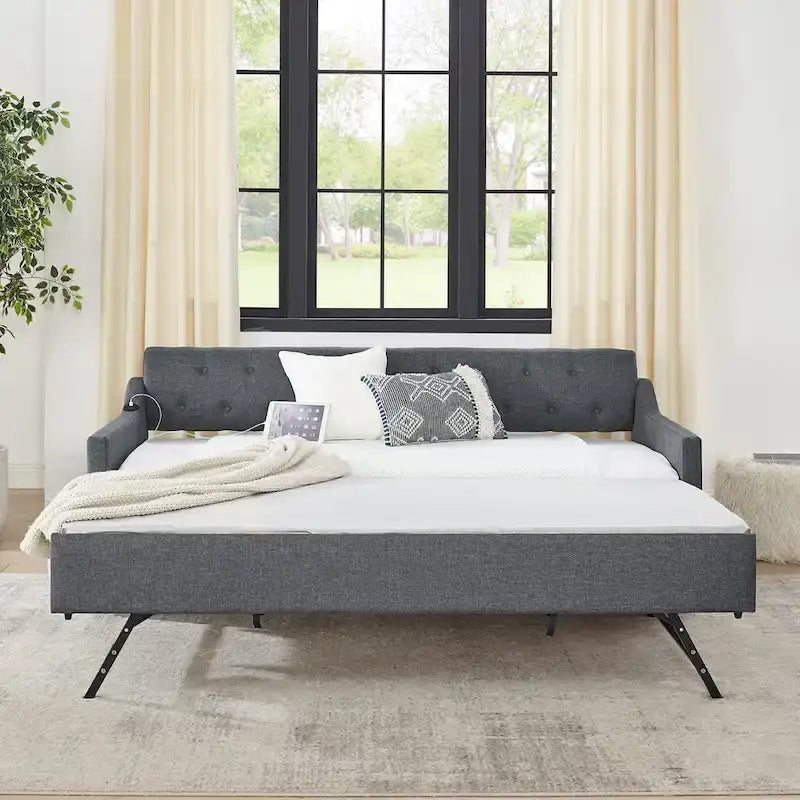 Twin Size Upholstery Daybed with Erectable Trundle and USB