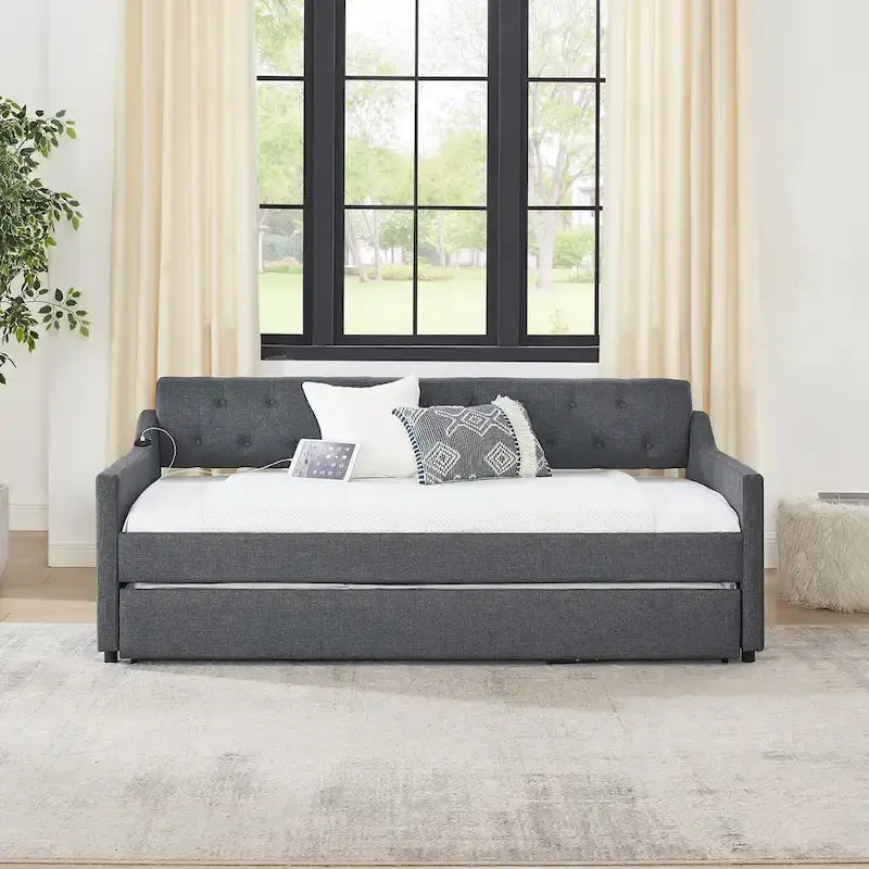 Twin Size Upholstery Daybed with Erectable Trundle and USB
