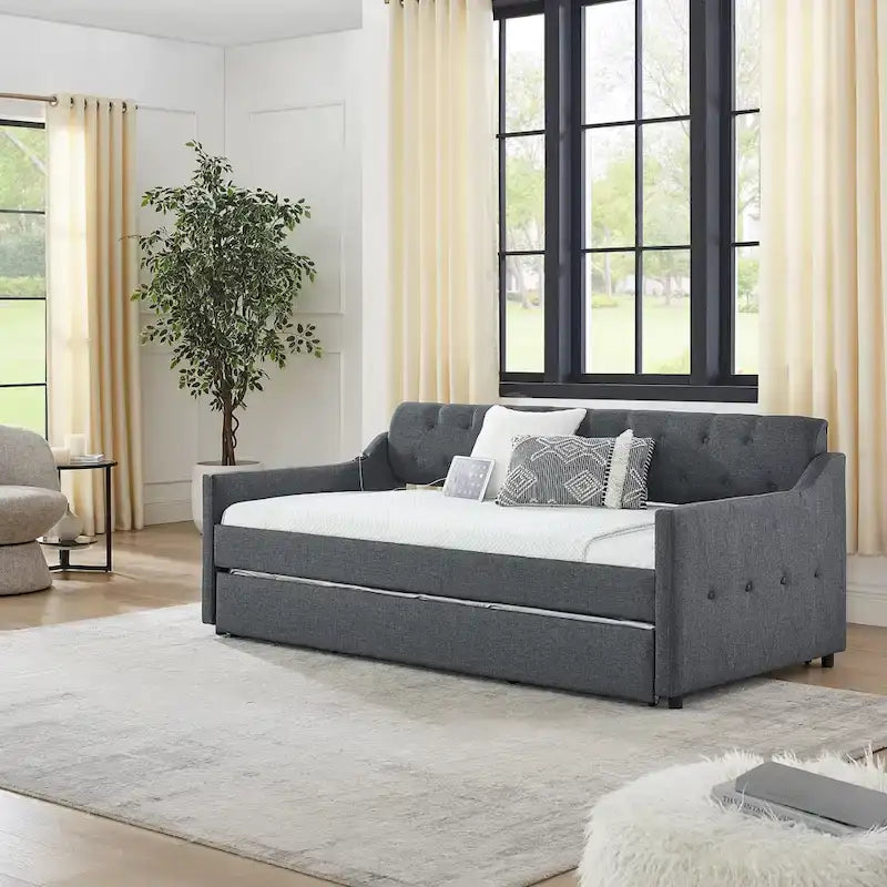 Twin Size Upholstery Daybed with Erectable Trundle and USB