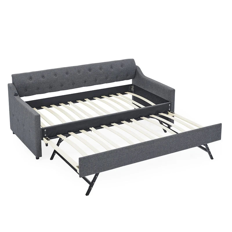 Twin Size Upholstery Daybed with Erectable Trundle and USB
