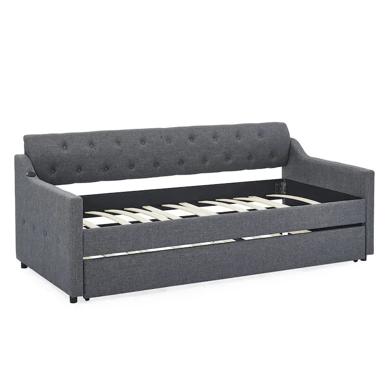 Twin Size Upholstery Daybed with Erectable Trundle and USB