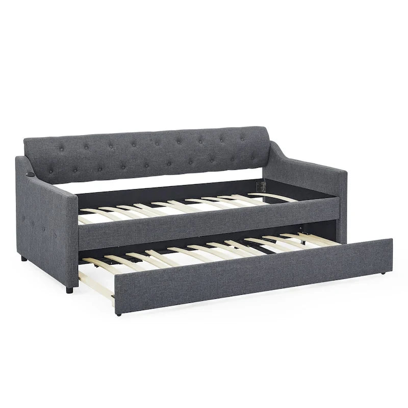 Twin Size Upholstery Daybed with Erectable Trundle and USB