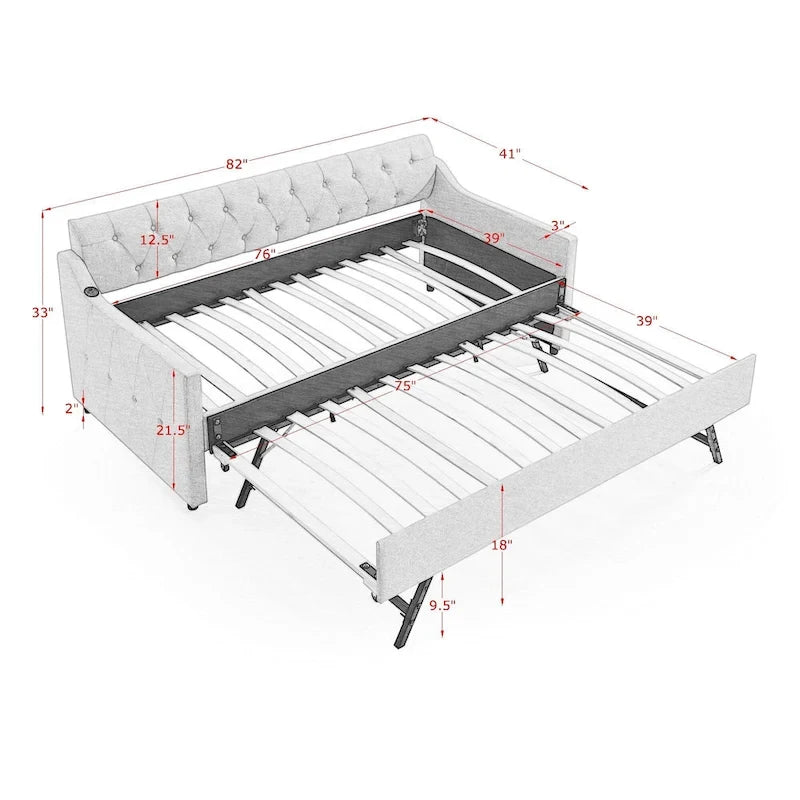 Twin Size Upholstery Daybed with Erectable Trundle and USB