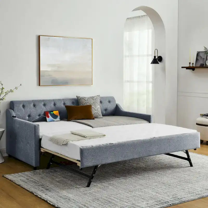 Twin Size Upholstery Daybed with Erectable Trundle and USB