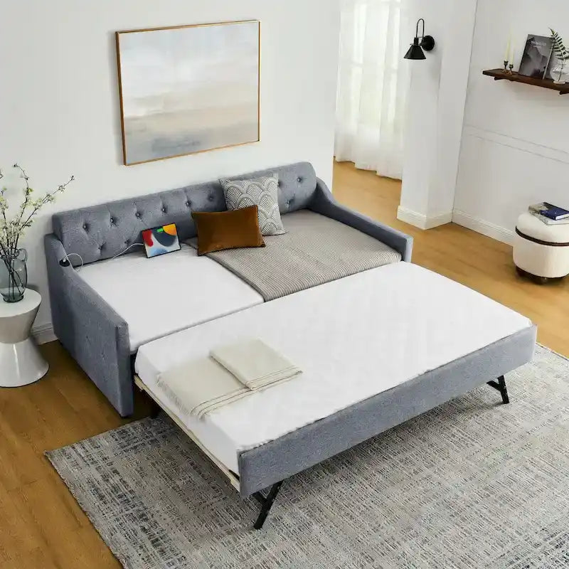 Twin Size Upholstery Daybed with Erectable Trundle and USB
