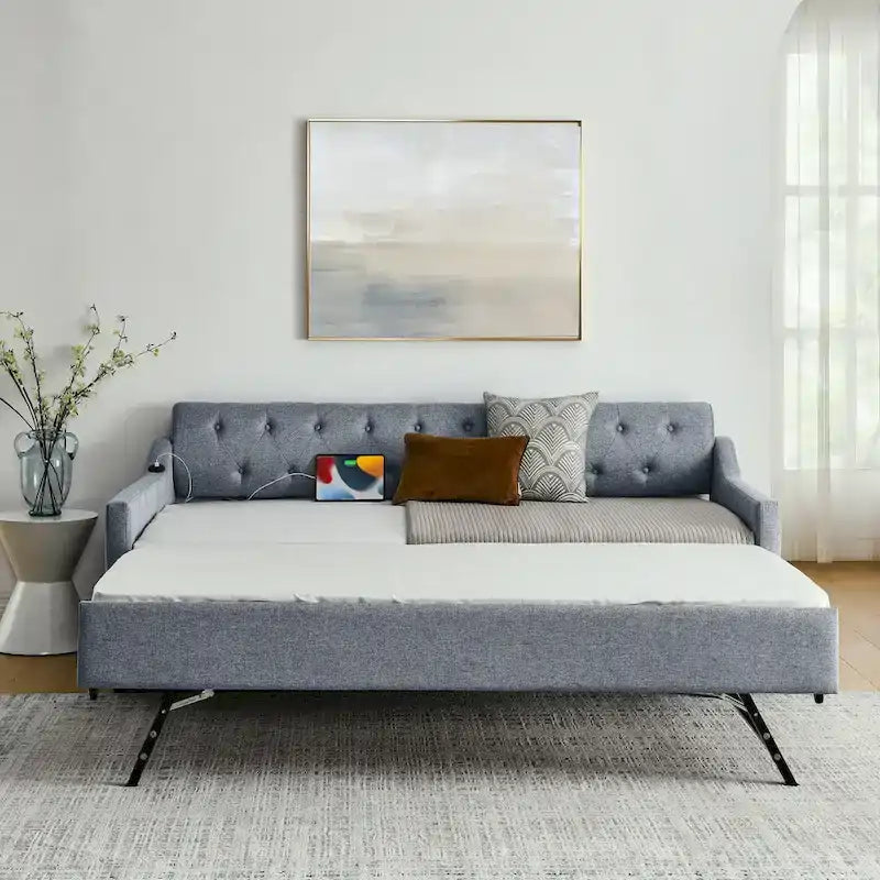 Twin Size Upholstery Daybed with Erectable Trundle and USB