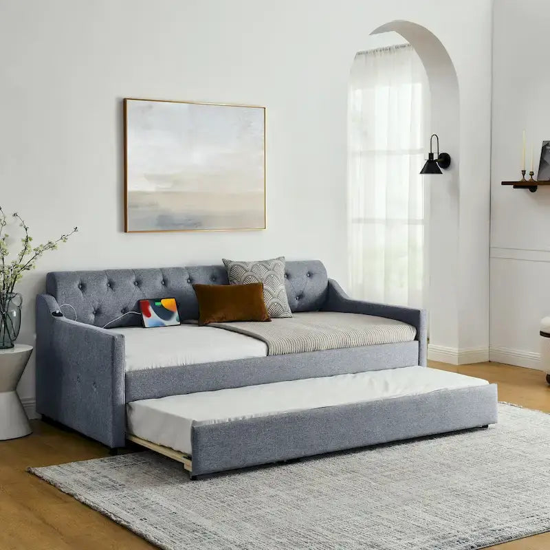 Twin Size Upholstery Daybed with Erectable Trundle and USB