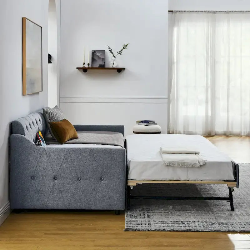 Twin Size Upholstery Daybed with Erectable Trundle and USB