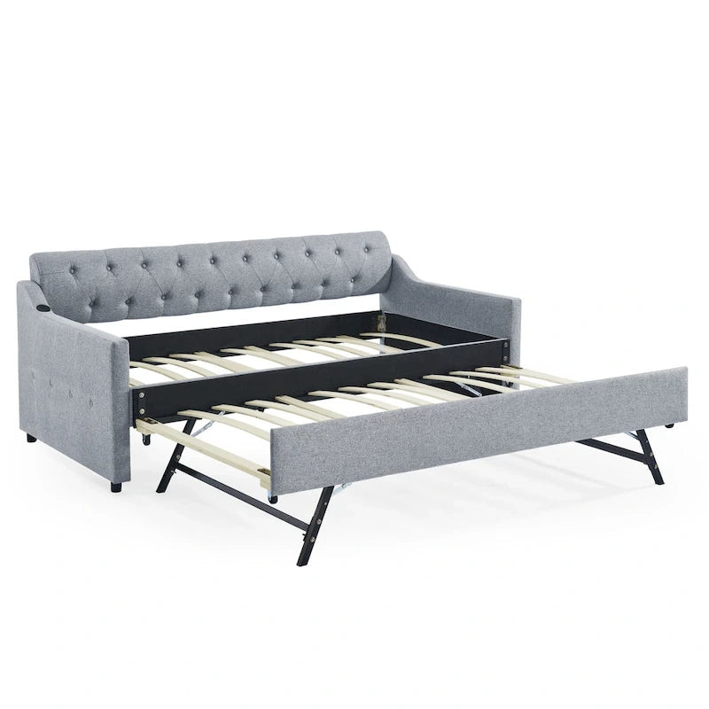 Twin Size Upholstery Daybed with Erectable Trundle and USB