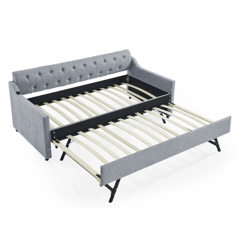 Twin Size Upholstery Daybed with Erectable Trundle and USB