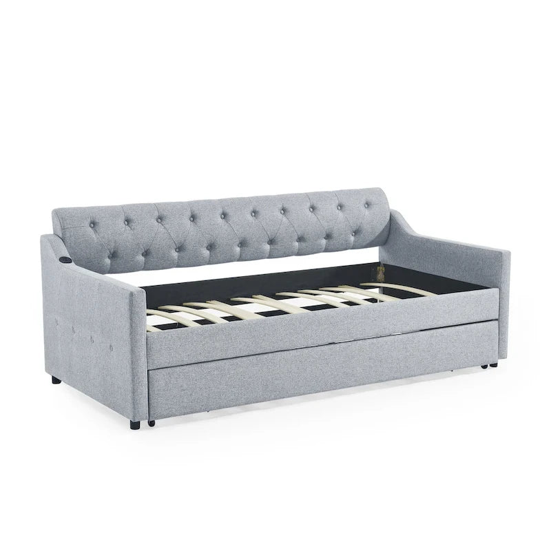 Twin Size Upholstery Daybed with Erectable Trundle and USB