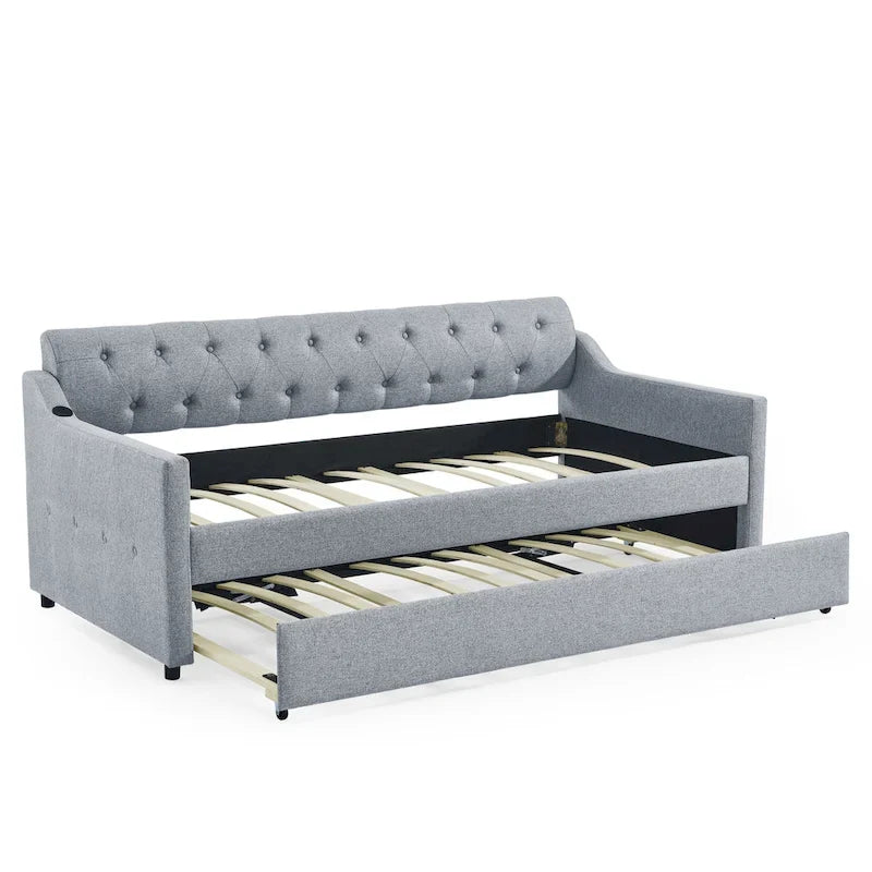 Twin Size Upholstery Daybed with Erectable Trundle and USB