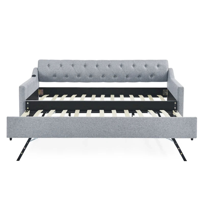 Twin Size Upholstery Daybed with Erectable Trundle and USB
