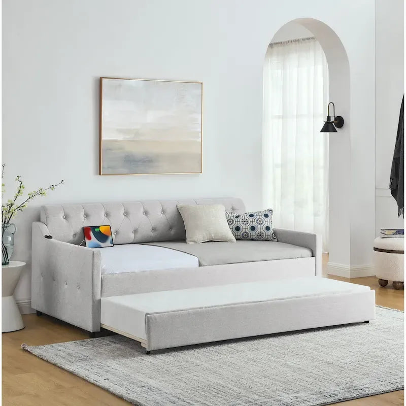 Twin Size Upholstery Daybed with Erectable Trundle and USB