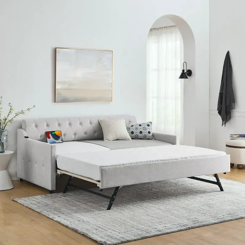 Twin Size Upholstery Daybed with Erectable Trundle and USB