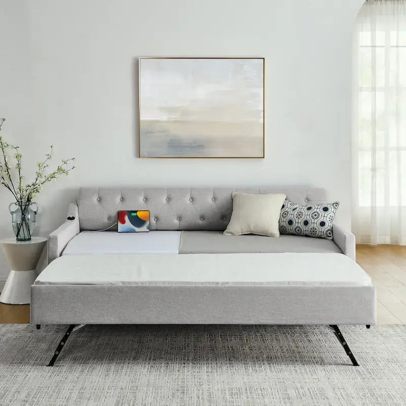 Twin Size Upholstery Daybed with Erectable Trundle and USB