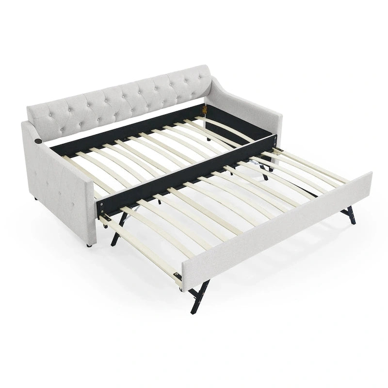Twin Size Upholstery Daybed with Erectable Trundle and USB