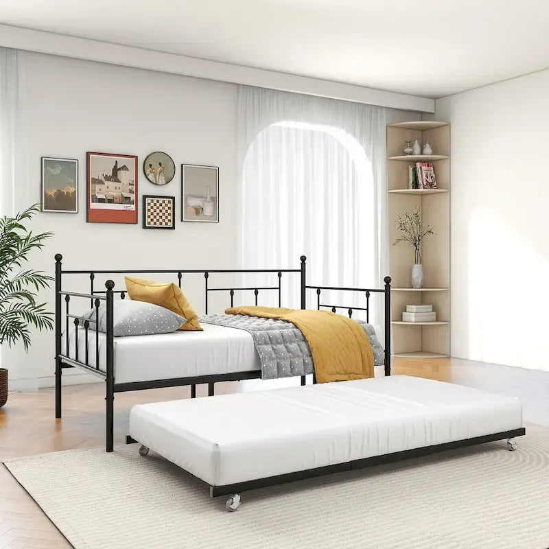 Twin Size Metal Daybed with Trundle for Kids or Guests