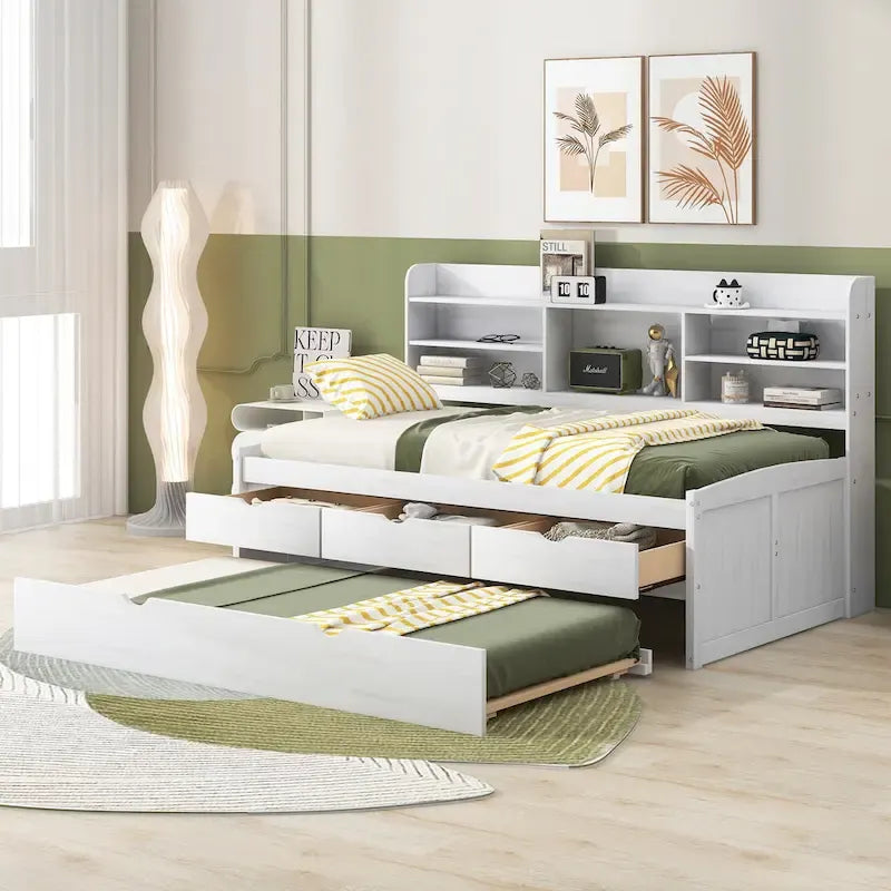 White Washed Twin Size Wooden Captain Bed with Bookshelves, 3 Drawers, Trundle