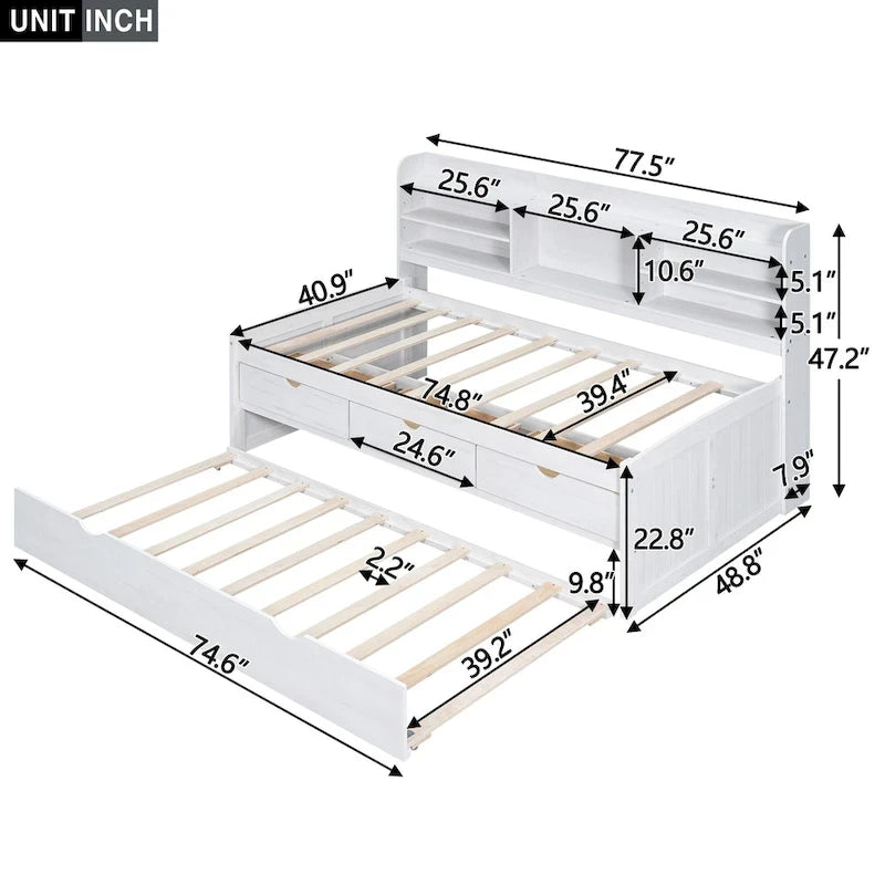 White Washed Twin Size Wooden Captain Bed with Bookshelves, 3 Drawers, Trundle