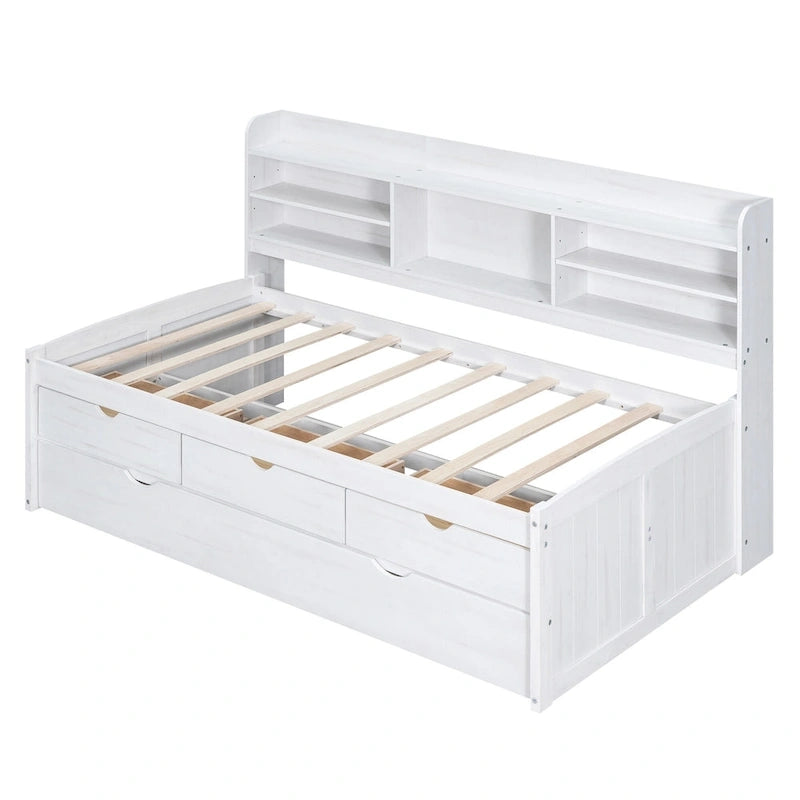 White Washed Twin Size Wooden Captain Bed with Bookshelves, 3 Drawers, Trundle
