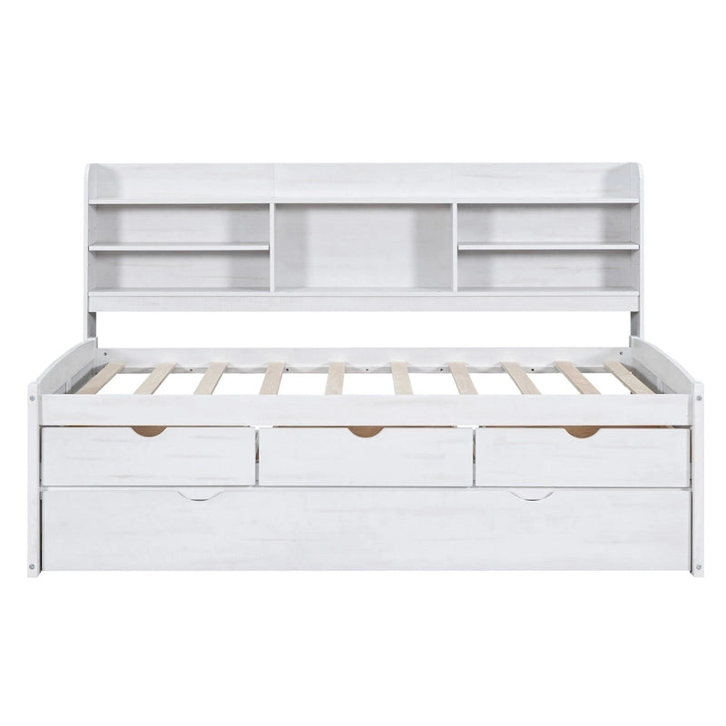 White Washed Twin Size Wooden Captain Bed with Bookshelves, 3 Drawers, Trundle