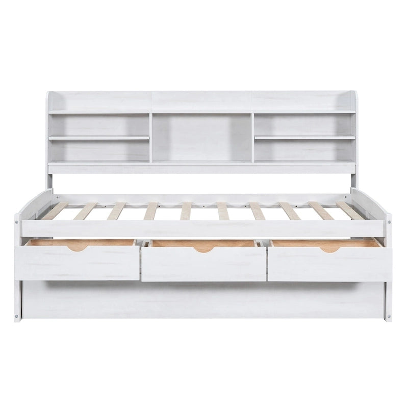 White Washed Twin Size Wooden Captain Bed with Bookshelves, 3 Drawers, Trundle