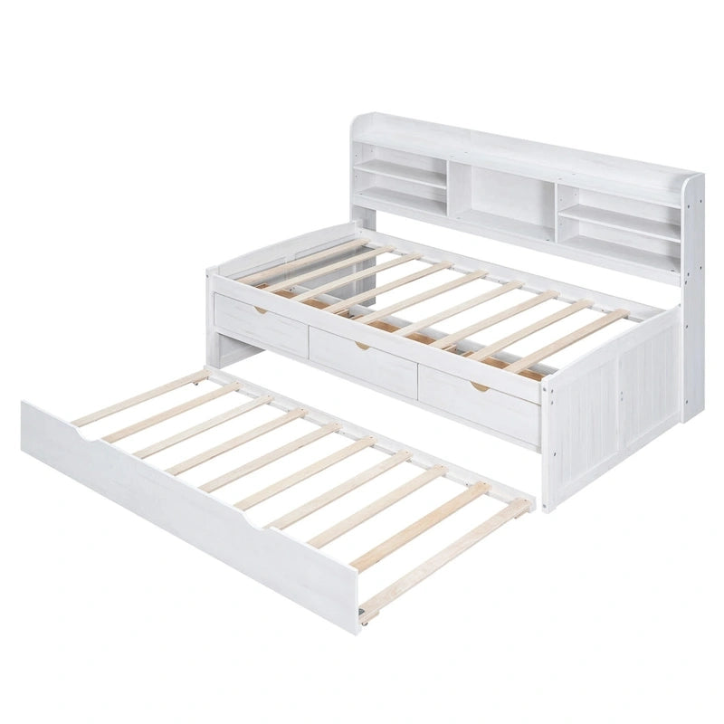 White Washed Twin Size Wooden Captain Bed with Bookshelves, 3 Drawers, Trundle