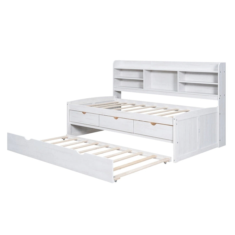 White Washed Twin Size Wooden Captain Bed with Bookshelves, 3 Drawers, Trundle