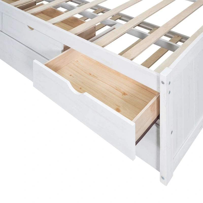 White Washed Twin Size Wooden Captain Bed with Bookshelves, 3 Drawers, Trundle