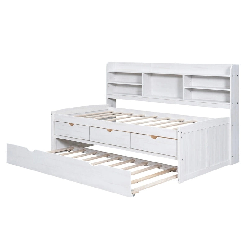 White Washed Twin Size Wooden Captain Bed with Bookshelves, 3 Drawers, Trundle