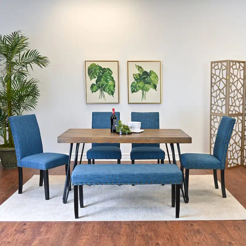 6-Piece Industrial Dining Set with Rectangular Table & Linen Chairs