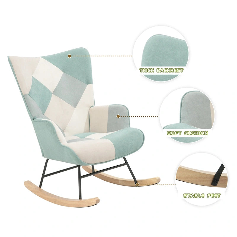 Blue Colorful Modern 35.4 High Back Upholstered Rocking Chair with Ottoman and Wood Legs for Living Room