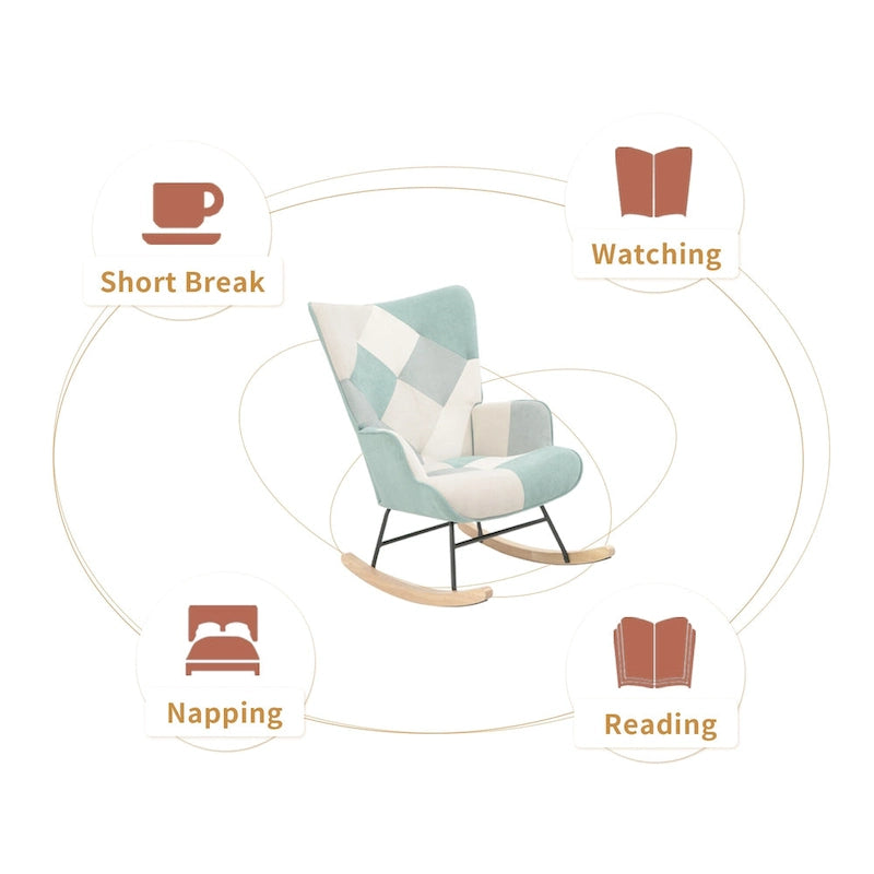 Blue Colorful Modern 35.4 High Back Upholstered Rocking Chair with Ottoman and Wood Legs for Living Room