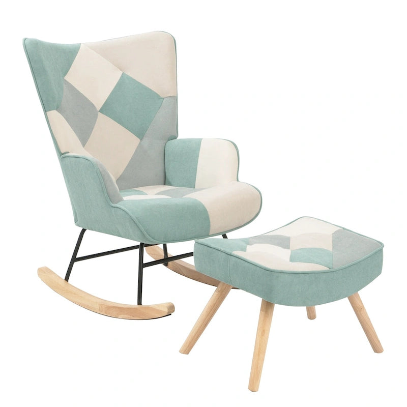 Blue Colorful Modern 35.4 High Back Upholstered Rocking Chair with Ottoman and Wood Legs for Living Room