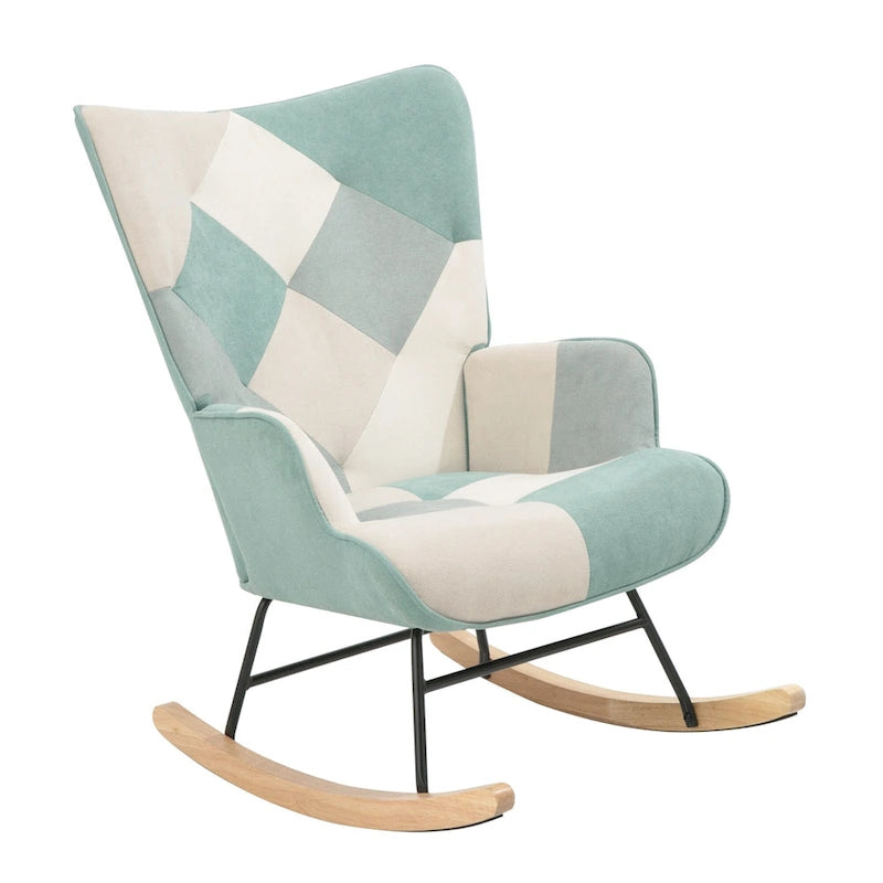 Blue Colorful Modern 35.4 High Back Upholstered Rocking Chair with Ottoman and Wood Legs for Living Room