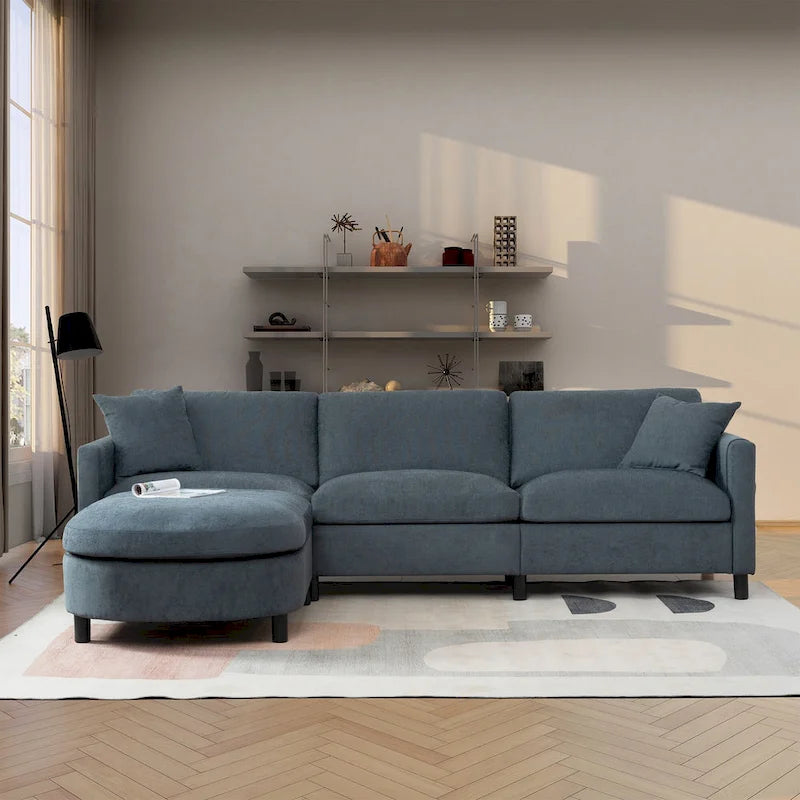 Grey 107.87 4-Seater Sectional Sofa with Removable Cushions, Movable Ottoman, and Storage Armrest Bag