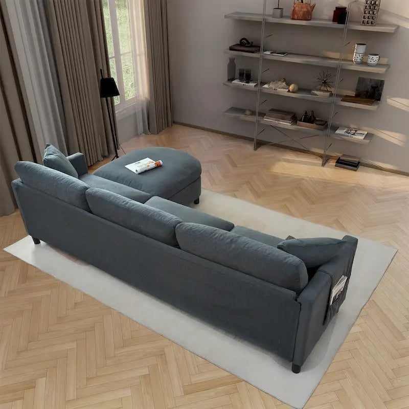 Grey 107.87 4-Seater Sectional Sofa with Removable Cushions, Movable Ottoman, and Storage Armrest Bag