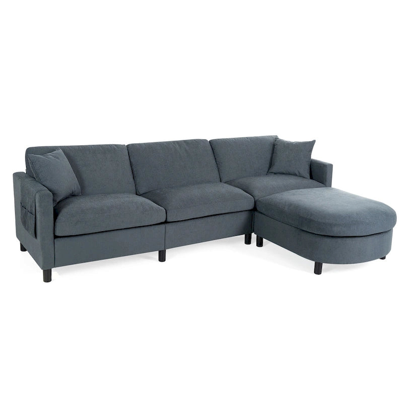 Grey 107.87 4-Seater Sectional Sofa with Removable Cushions, Movable Ottoman, and Storage Armrest Bag