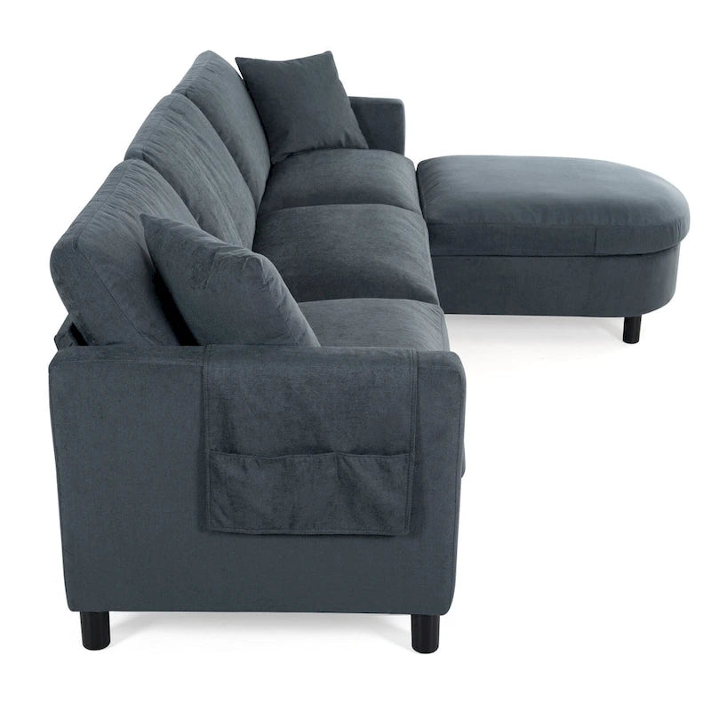 Grey 107.87 4-Seater Sectional Sofa with Removable Cushions, Movable Ottoman, and Storage Armrest Bag