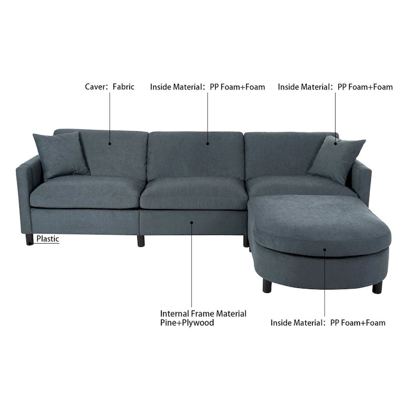 Grey 107.87 4-Seater Sectional Sofa with Removable Cushions, Movable Ottoman, and Storage Armrest Bag