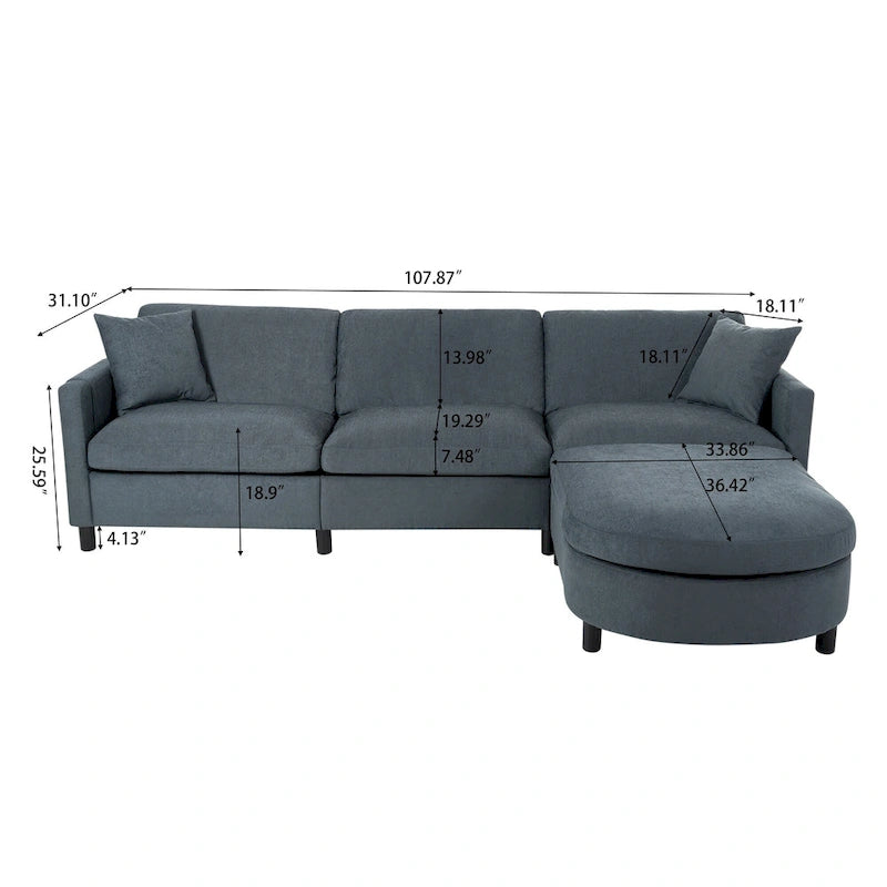 Grey 107.87 4-Seater Sectional Sofa with Removable Cushions, Movable Ottoman, and Storage Armrest Bag