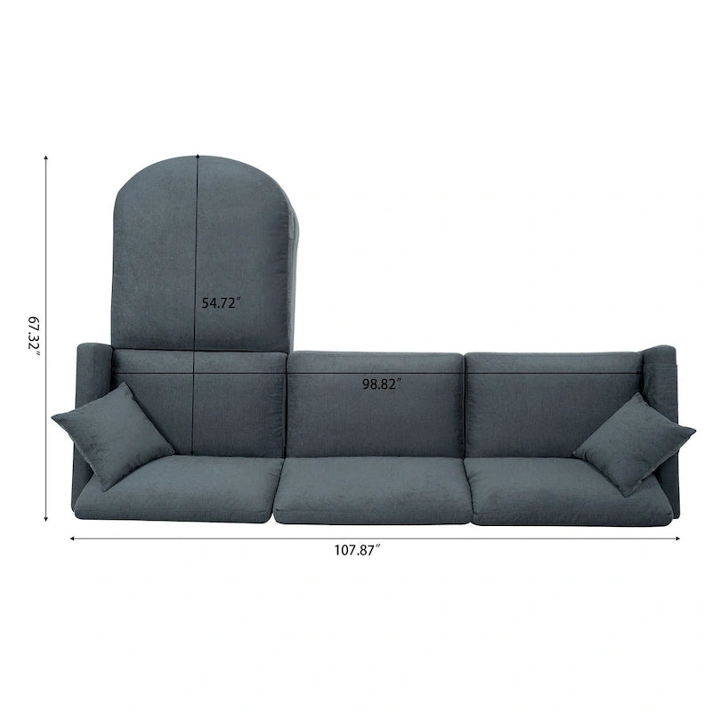 Grey 107.87 4-Seater Sectional Sofa with Removable Cushions, Movable Ottoman, and Storage Armrest Bag