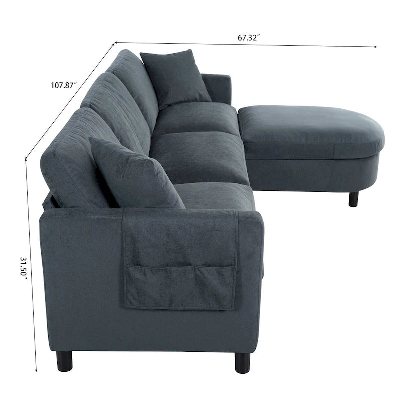 Grey 107.87 4-Seater Sectional Sofa with Removable Cushions, Movable Ottoman, and Storage Armrest Bag