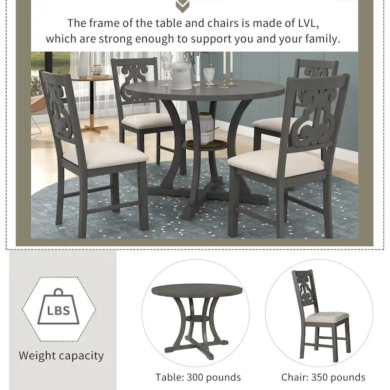 Retro 5-Piece Wooden Dining Table Set with 4 Chairs & Round Table