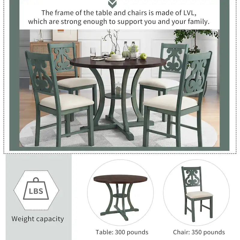 Retro 5-Piece Wooden Dining Table Set with 4 Chairs & Round Table