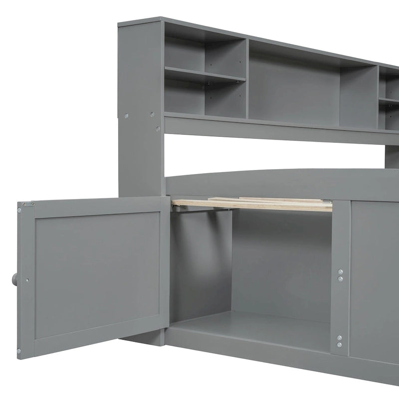 Full Wooden Daybed with Cabinets, Shelves, and Drawers