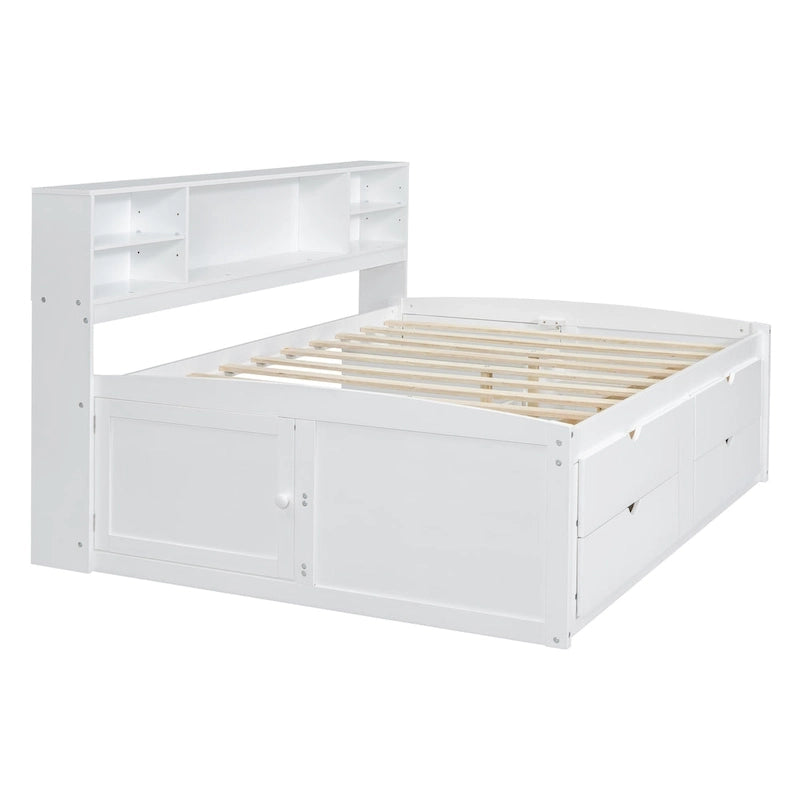 Full Wooden Daybed with Cabinets, Shelves, and Drawers