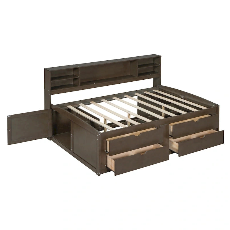 Full Wooden Daybed with Cabinets, Shelves, and Drawers