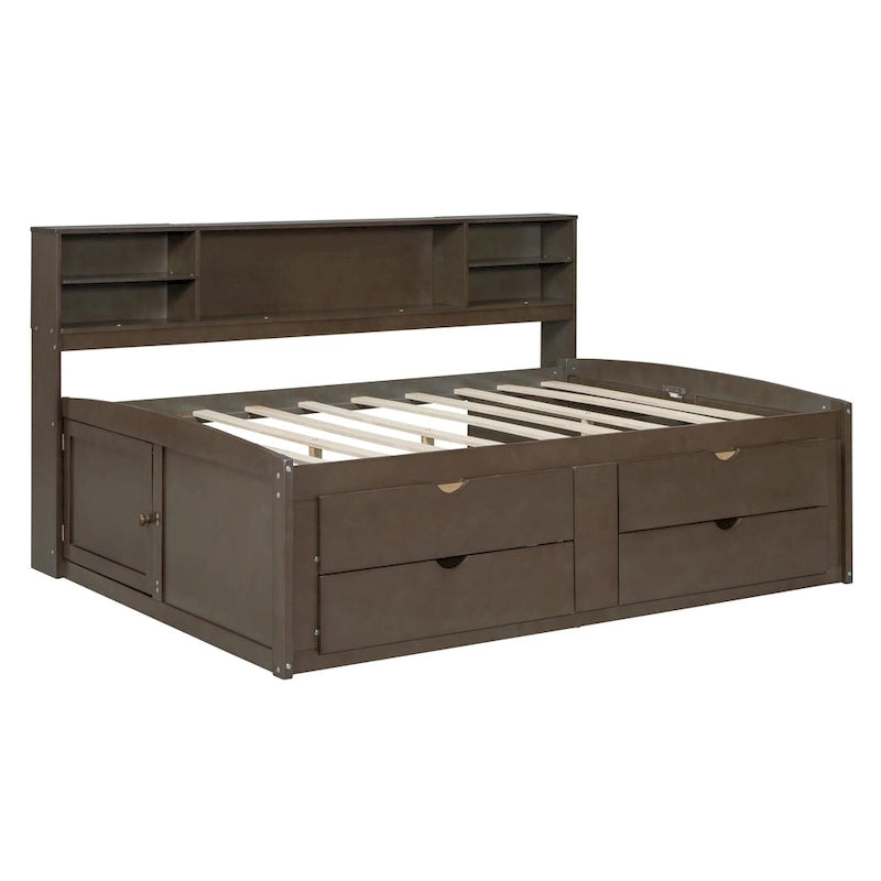 Full Wooden Daybed with Cabinets, Shelves, and Drawers